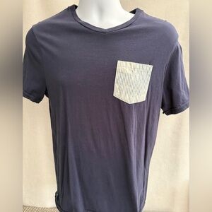 Guess Boy's Navy V-Neck T-Shirt with Striped Chest Pocket